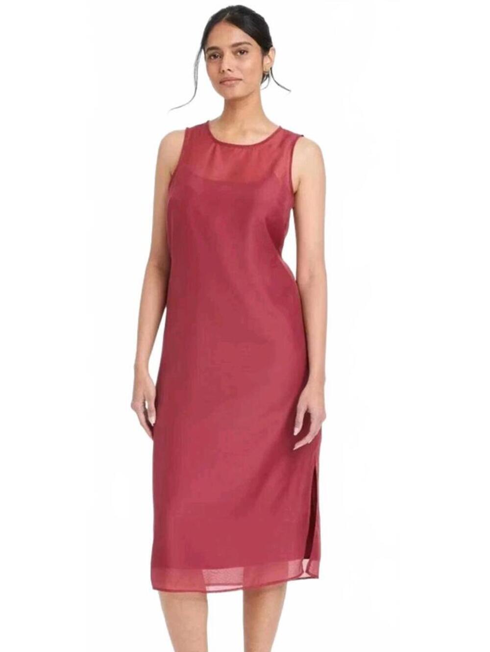 A New Day Sheer Overlay Organza Midi Shift Dress - Wine Colored Size Small NWT